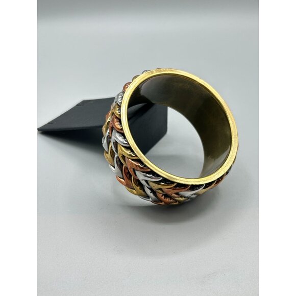 Mixed Metal Brass Copper Silver Tone Chevron Design Chunky Wide Bangle Bracelet - Picture 10 of 11